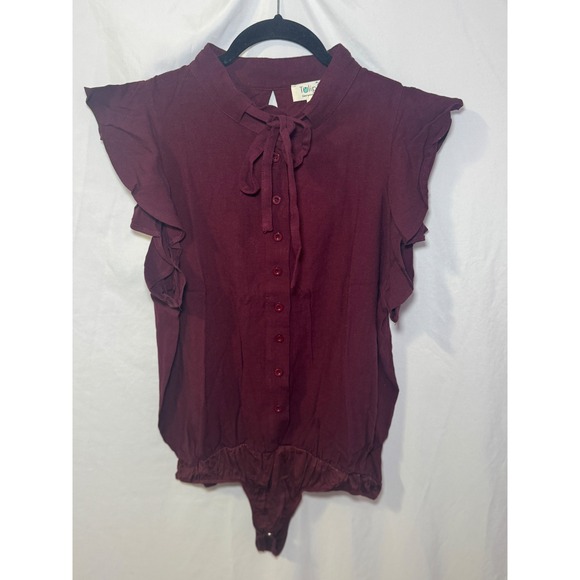 Tulip B Tops - Burgundy Ruffle Bodysuit XL Romantic Balletcore Tie Neck Tulip B NWT